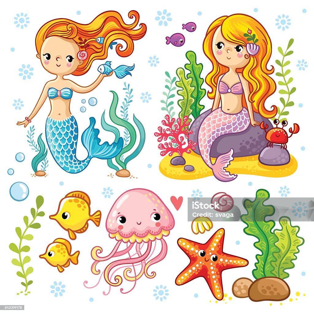 Vector set on the marine theme. Vector set on the marine theme with mermaids and sea animals made in cartoon style. Mermaid with fish. Mermaid with fish and crab sitting on the rocks. Jellyfish and starfish with seaweed. Mermaid stock vector