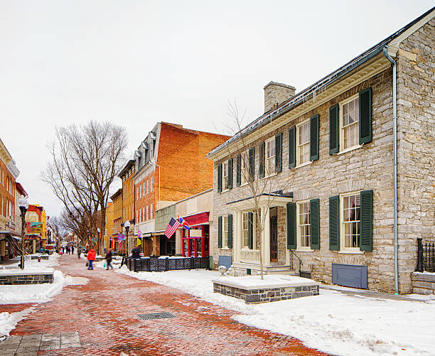 Winchester old town in Winter commercial section. The bricked road is line with stores and restaurants.