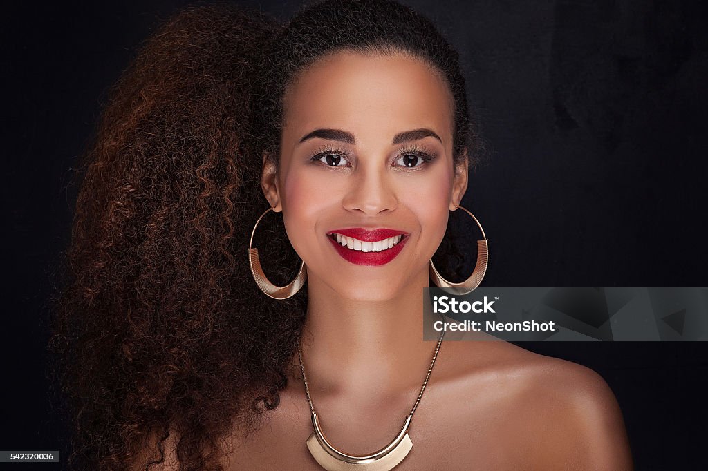 Beauty portrait of elegant african american girl. Fashion photo of beautiful elegant african american woman. Girl posing in jewelry, wearing fashionable earrings and necklace. Beauty portrait. Studio shot. Adult Stock Photo