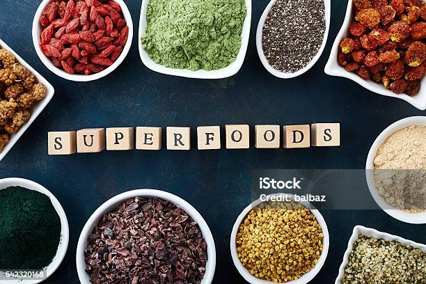 Various Healthy Superfoods Stock Photo - Download Image Now - Antioxidant, Blue, Spirulina Bacterium