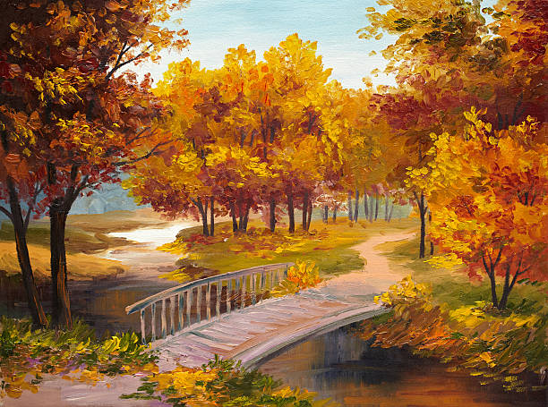 istock Oil Painting - autumn forest with a river and bridge 542320888