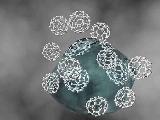 Drug delivery. Buckminsterfullerene, fullerene C60, nanoparticles. stock photo