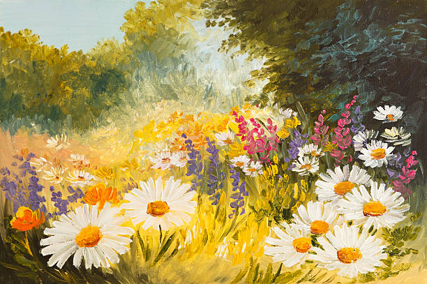 Oil Painting - field of daisies. colorfull art drawing Oil Painting - field of daisies. colorfull art drawing, background, wallpaper, tree, decoration painting art stock illustrations