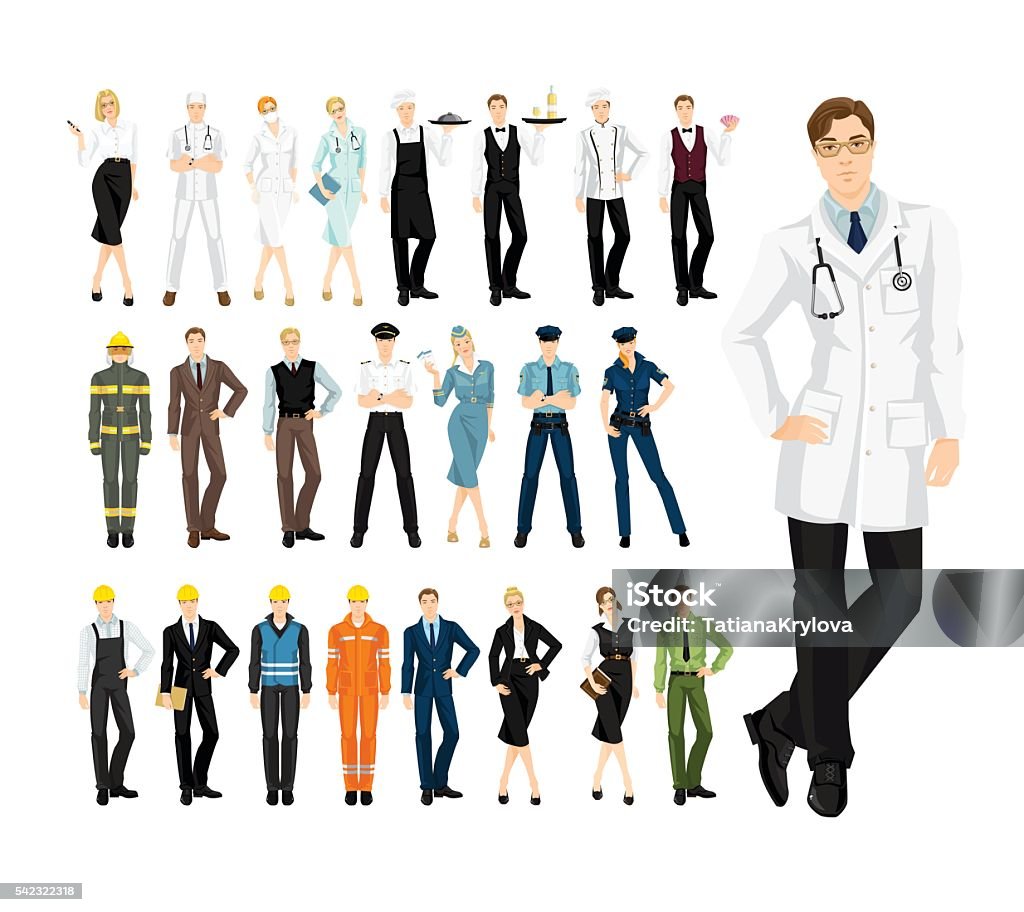 professional people in uniform Set of professional people in uniform isolated on white background. Professor, firefighter, military man and woman, doctor, teacher, pilot, stewardess, cook chef, waitress, waiter Doctor stock vector