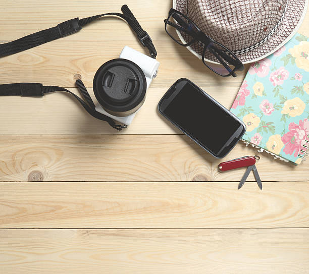 istock Travel Beach stuffs on wood table with copy space. 542324604