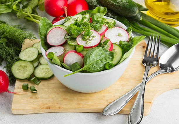 istock Salad with spinach, cucumber, radish in a bowl 542325624