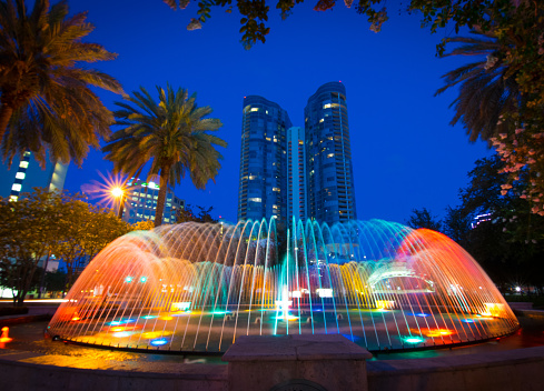 Fort Lauderdale, Florida at night with fountain.