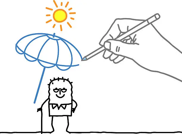 Vector illustration of Drawing big hand and cartoon character - heat protection