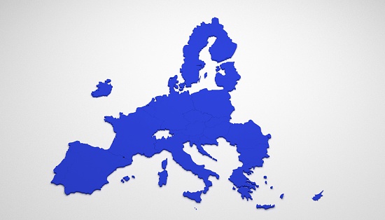 3D map of Europe with European Union (EU) members colored in blue and Euro zone / Euro group members colored in dark blue, whitout United Kingdom (UK) because of Brexit.