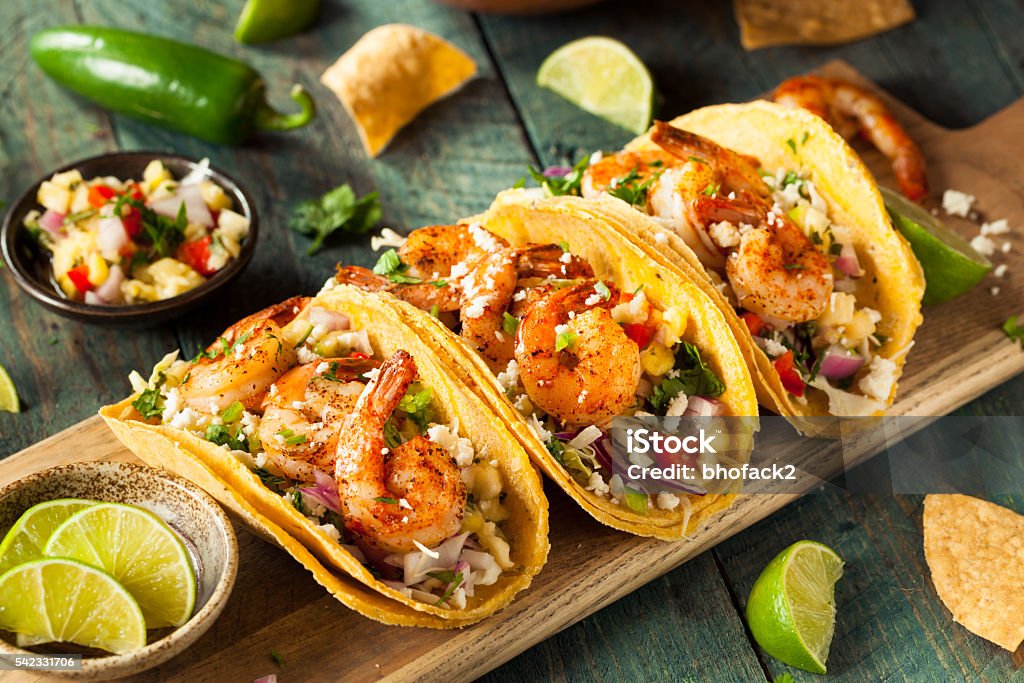 Homemade Spicy Shrimp Tacos Homemade Spicy Shrimp Tacos with Coleslaw and Salsa Taco Stock Photo