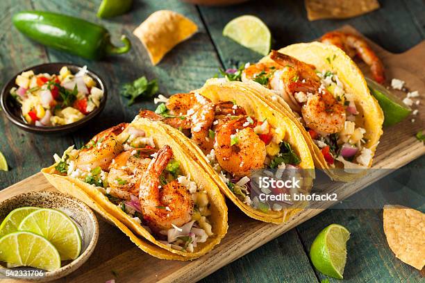 Homemade Spicy Shrimp Tacos Stock Photo - Download Image Now - Taco, Food, Mexico