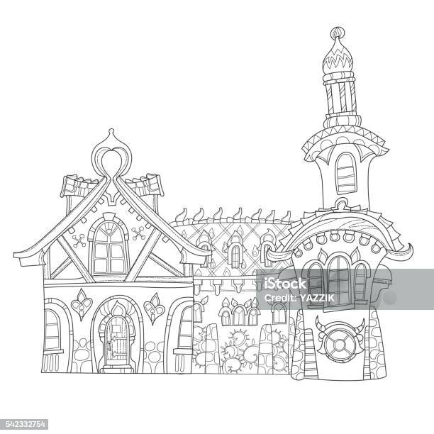 Vector Cute Fairy Tale Town Doodle Stock Illustration - Download Image Now - Adult, Architecture, Backgrounds