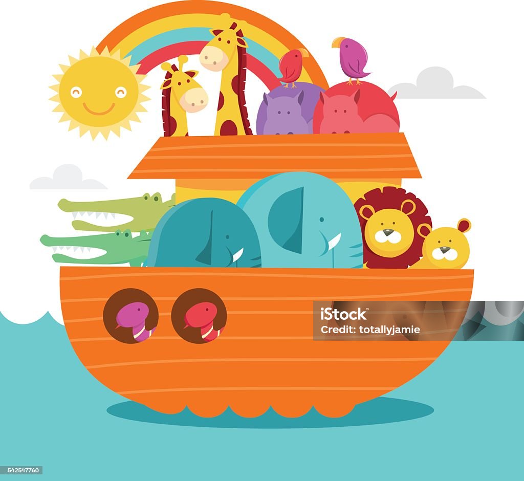 Happy Colorful Noah's Ark A cute cartoon vector illustration of a happy colorful noah's ark. There's a boat vessel, wild animals in pair and rainbow and sun. Ark stock vector