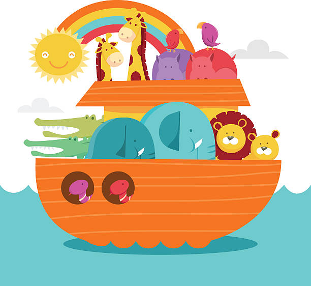 Happy Colorful Noah's Ark A cute cartoon vector illustration of a happy colorful noah's ark. There's a boat vessel, wild animals in pair and rainbow and sun. ark stock illustrations