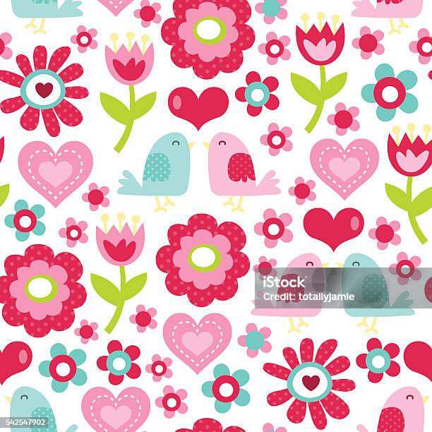 Retro Floral Love Birds Seamless Pattern Background Stock Illustration - Download Image Now