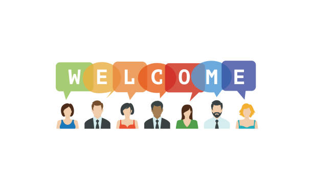 willkommen-konzept. menschen-ikonen mit sprechblasen - welcome schild stock-grafiken, -clipart, -cartoons und -symbole