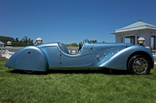 Hershey, PA, USA-June 12, 2016:  1938 Peugeot 402 Roadster on display at The Elegance at Hershey.  Slightly more than 100 were produced in coupe and cabriolet styles.