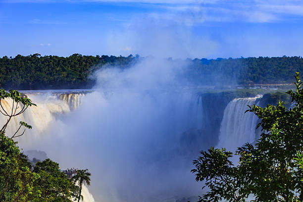 Iguacu Falls in Brazil in the foreground and Argentina seen beyond the river