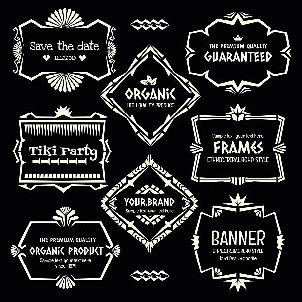 Doodle vector frame set.Ethnic Tribal  style frame collection. Doodle vector frame set.Ethnic Tribal  style frame collection in monochrome. tiki stock illustrations