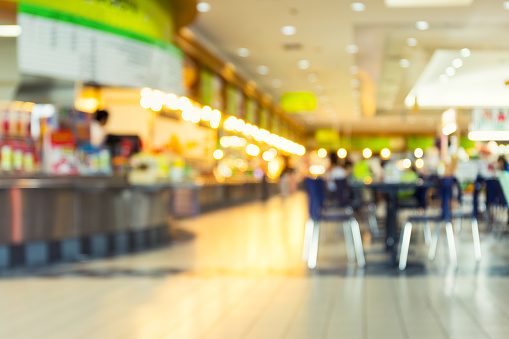 Defocused or blurred photo of food court.