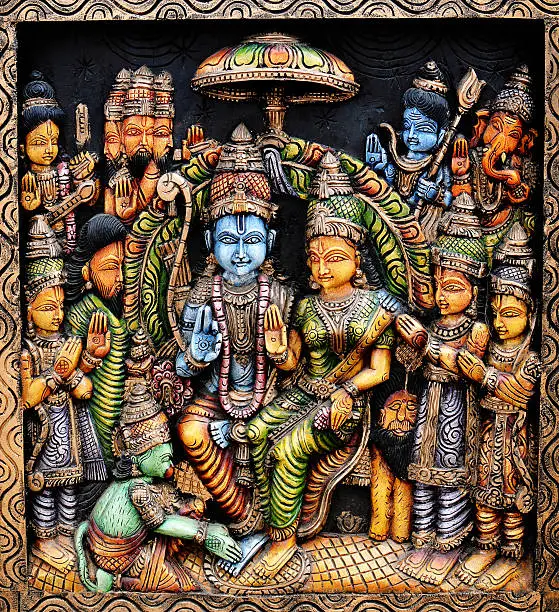 Indian Lord Ram and site sitting in the center with other Gods