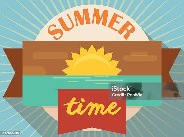 Summertime Banner With Sunset In The Ribbon In Flat Style Stock Illustration - Download Image Now