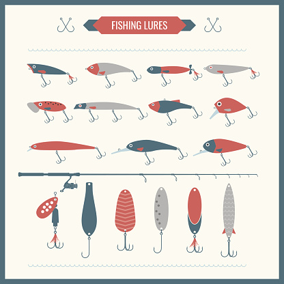 Set of vector Fishing equipment in flat style. Fishing rods, fishing reels, hooks. Icons and illustration for design, site, infographics, poster, advertising.
