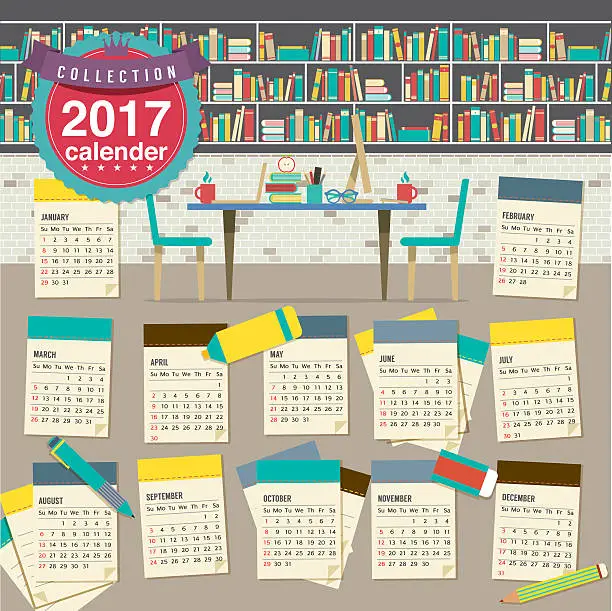 Vector illustration of 2017 Calendar Starts Sunday Education Concept.