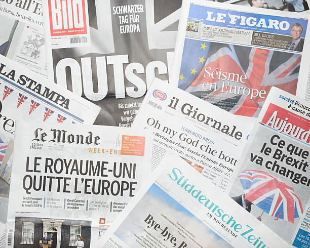 European newspapers react to Brexit vote Antibes, France - June 25, 2016: European newspapers react to the Brexit referendum result. A majority of British voters - 52% - decided that Britain should withdraw from the European Union in the historic vote, June 23, 2016. front page stock pictures, royalty-free photos & images