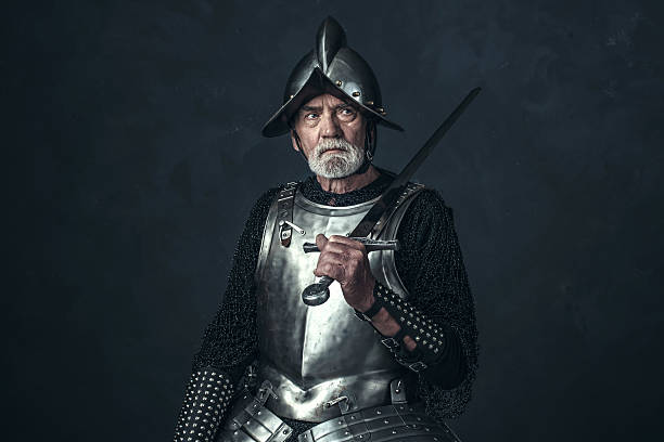 istock Knight in armor with gray beard holding sword. 542564462