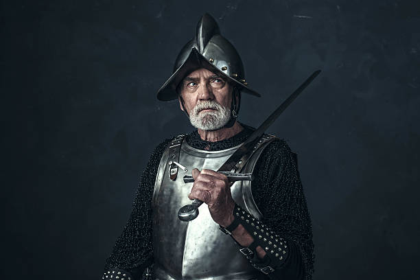 istock Knight in armor with gray beard holding sword. 542564488