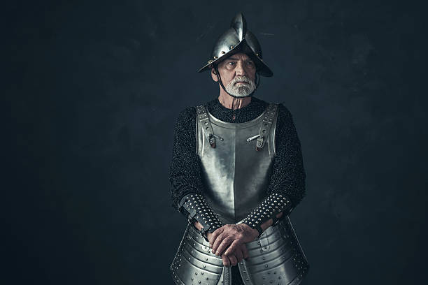 istock Bearded knight standing with sword in front of gray wall. 542564612