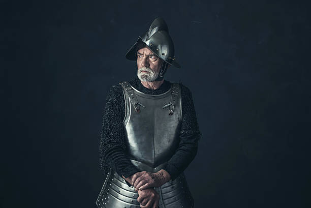 istock Bearded knight standing with sword in front of gray wall. 542564650