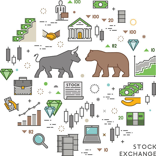 ilustraciones, imágenes clip art, dibujos animados e iconos de stock de vector concepto de bolsa de - stock exchange stock market stock certificate wall street