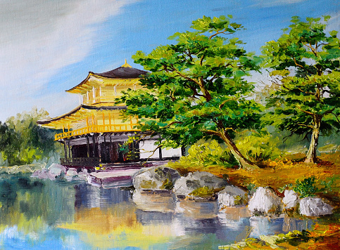 oil painting - Japanese garden, lake near the Japanese home, abstract drawing, executed in style of impressionism, tree, decoration
