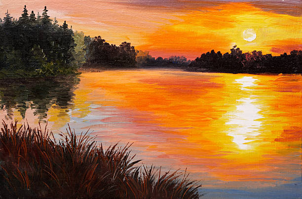 illustrations, cliparts, dessins animés et icônes de peinture à l’huile - lac dans une forêt, coucher de soleil. peinture abstraite - paintings watercolor painting landscape autumn