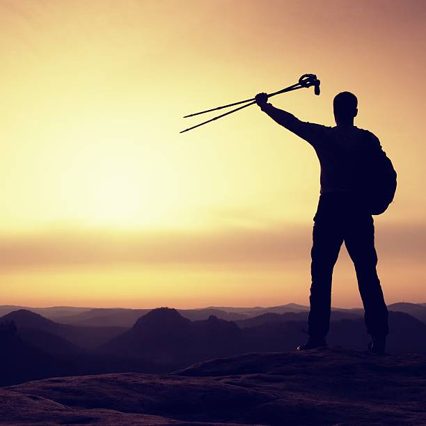istock Silhouette with poles in hand above head. Sunny daybreak i 542569548