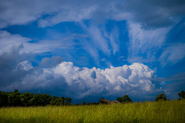 필드 클라우드 - vapor trail cirrus sky cloudscape 뉴스 사진 이미지