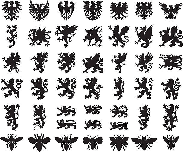 illustrations, cliparts, dessins animés et icônes de ensemble d’éléments héraldiques - animal crests shield