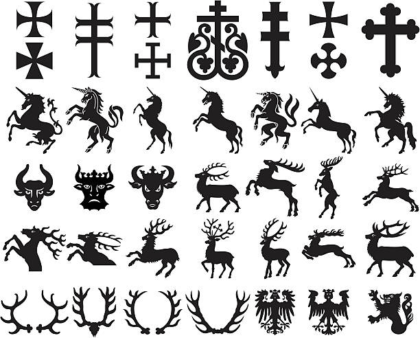 Heraldic elements set cross, unicorn, bull, deer, horns, harpy, wolf (Vector) animals crest stock illustrations