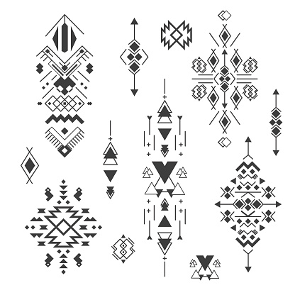 Vector Tribal elements, ethnic collection, aztec stile, tribal design isolated on white background. Abstract ornament geometric aztec native pattern art. Triangle geometrical aztec ornamental.