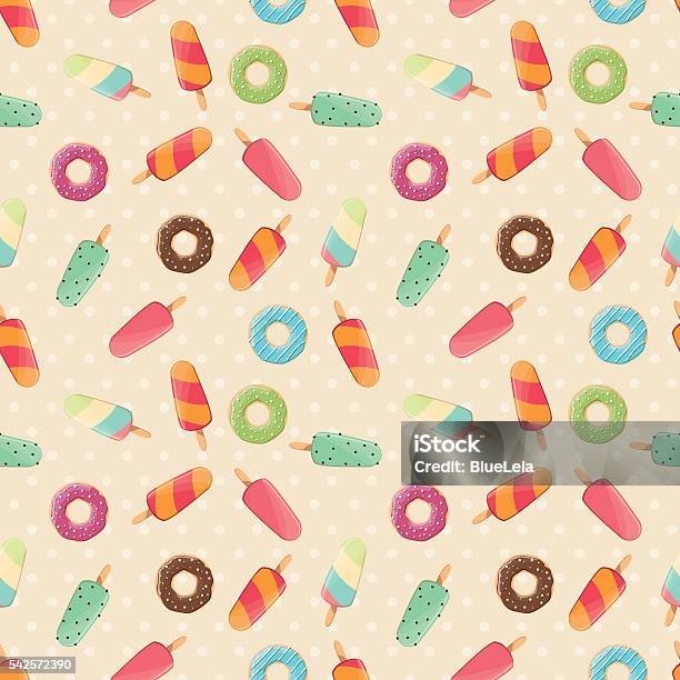 Seamless Pattern With Ice Cream And Colorful Tasty Donuts Stock Illustration - Download Image Now