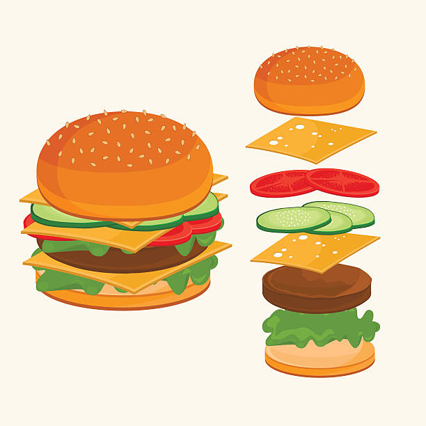 фастфуд. гамбургер ингредиенты векторный рисунок. - burger gourmet hamburger steak stock illustrations