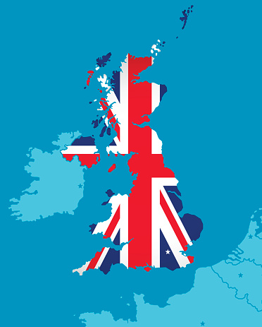 Map of Great Britain with the Union Jack British flag covering it.