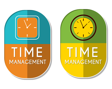 time management with clock signs, two elliptic flat design labels with icons, business organizing concept symbols