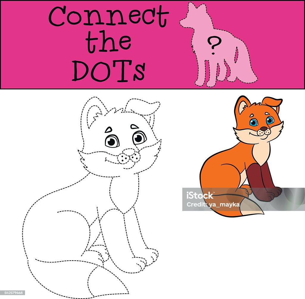 Educational games for kids: Connect the dots. Little cute fox Educational games for kids: Connect the dots. Little cute baby fox sits and smiles. Activity stock vector