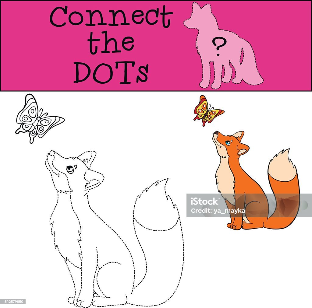 Educational games for kids: Connect the dots. Little cute fox Educational games for kids: Connect the dots. Little cute fox looks at the butterfly and smiles. Activity stock vector