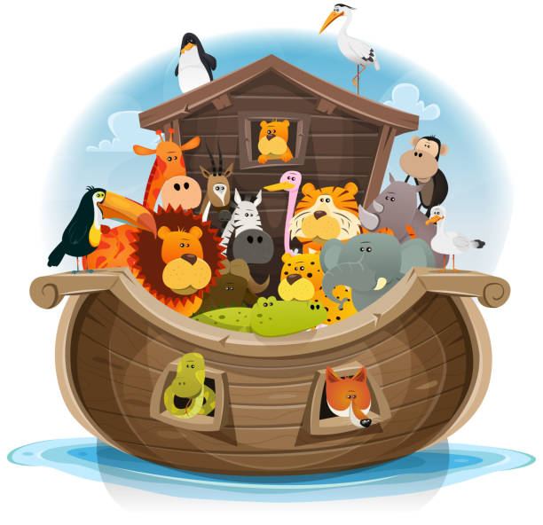 illustrazioni stock, clip art, cartoni animati e icone di tendenza di arca di noè con animali carini - ark cartoon noah animal