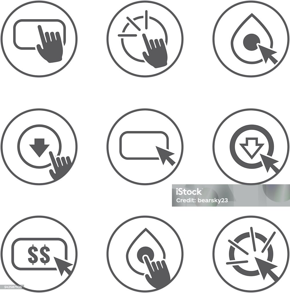 Call to Action Button Icon Graphics Call to Action Icon Graphics with Buttons, Clicking Hand and Pointers, and Dollar Signs Activity stock vector