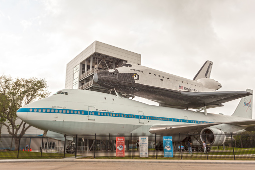 Houston, TX, USA - April 12, 2016: Space Shuttle Independence and Shuttle Carrier Aircraft 905 at the Johnson Space Center in Houston. Texas, United States